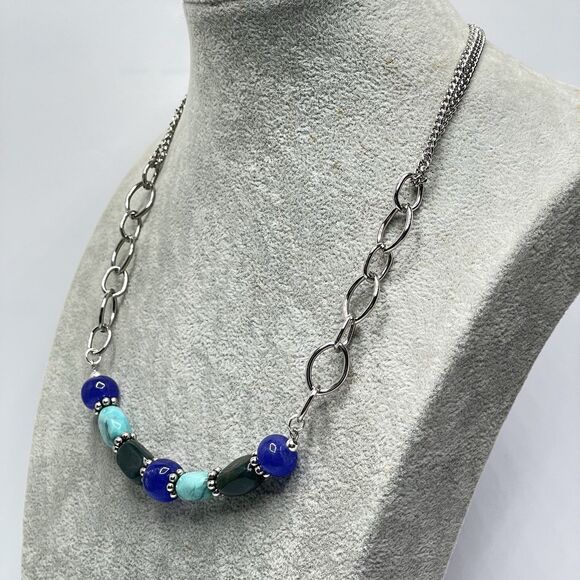 Boho Green Blue Gemstone Beaded Bar Silvertone Chain Necklace Chunky Statement - Picture 3 of 7